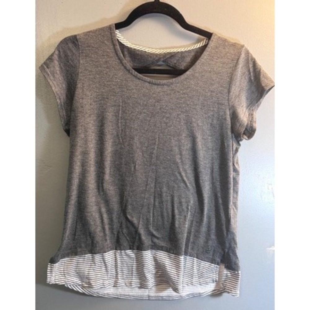 Cuddl Duds Gray Heather Striped Hem Twist Back Cutout Short Sleeve Top Small
